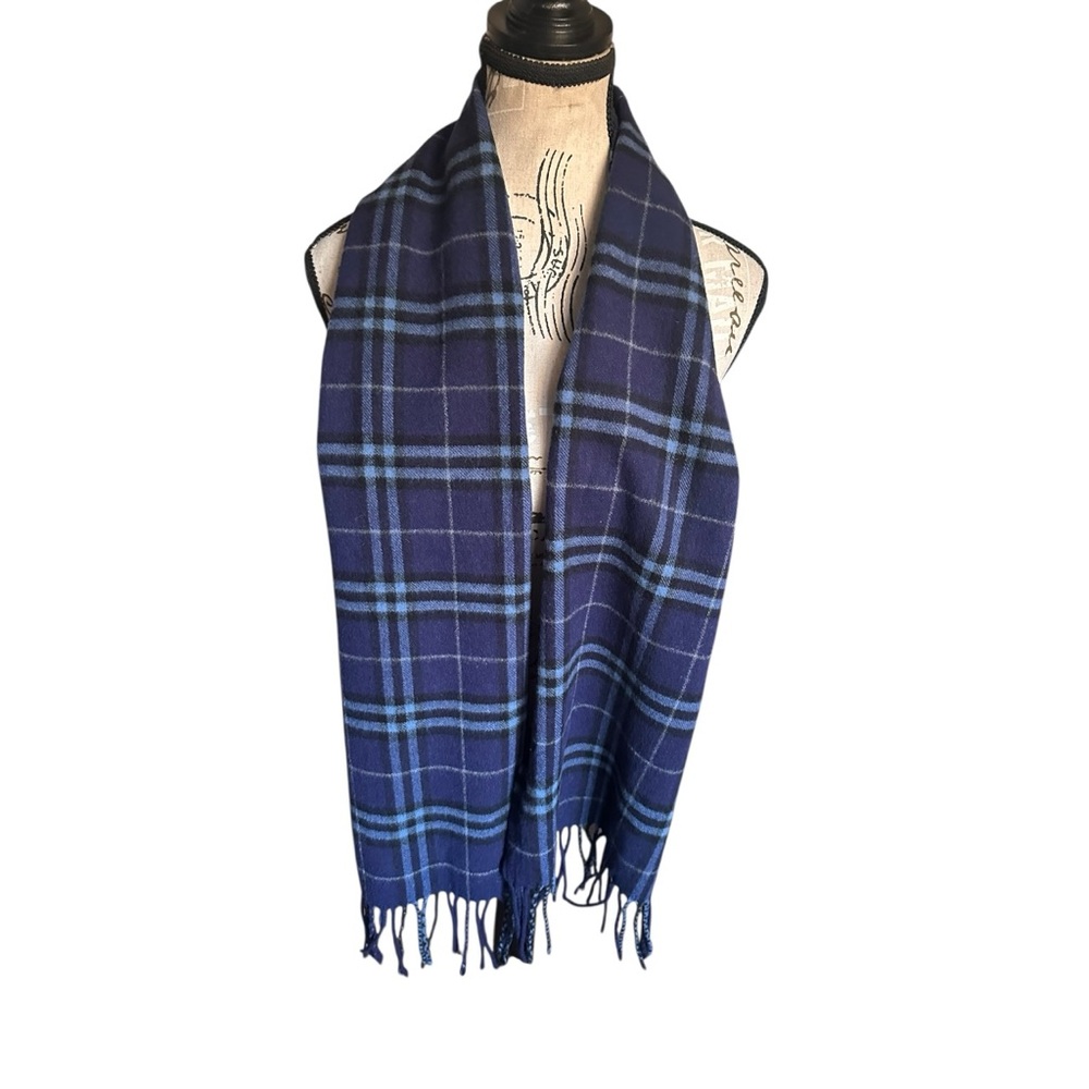 Enzo Mantovani Navy Blue Plaid Wool Cashmere Fringe Scarf 11x58 Preppy Winter